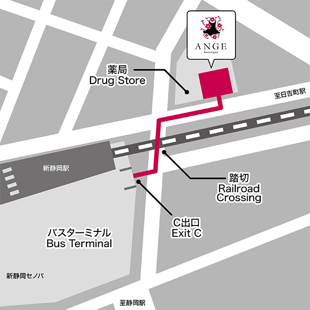 新静岡バスターミナルからのANGEへの行き方の地図