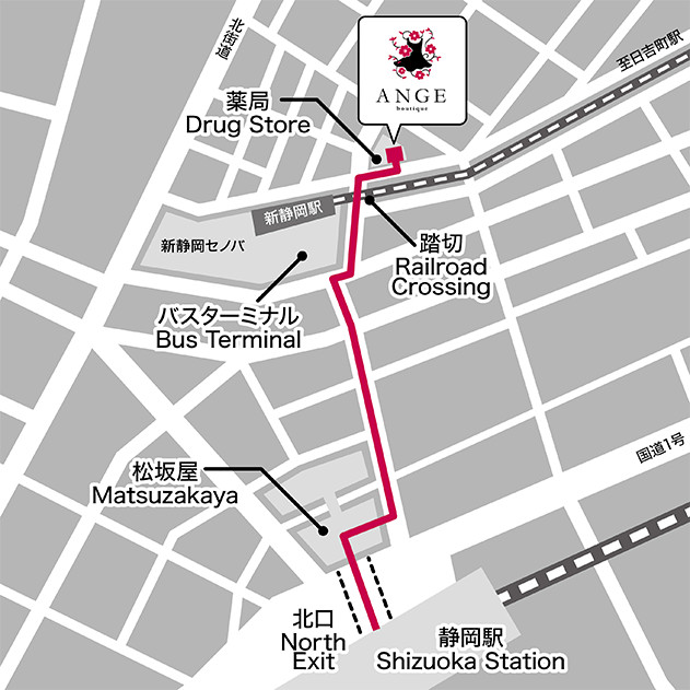 静岡駅からのANGEへの行き方の地図